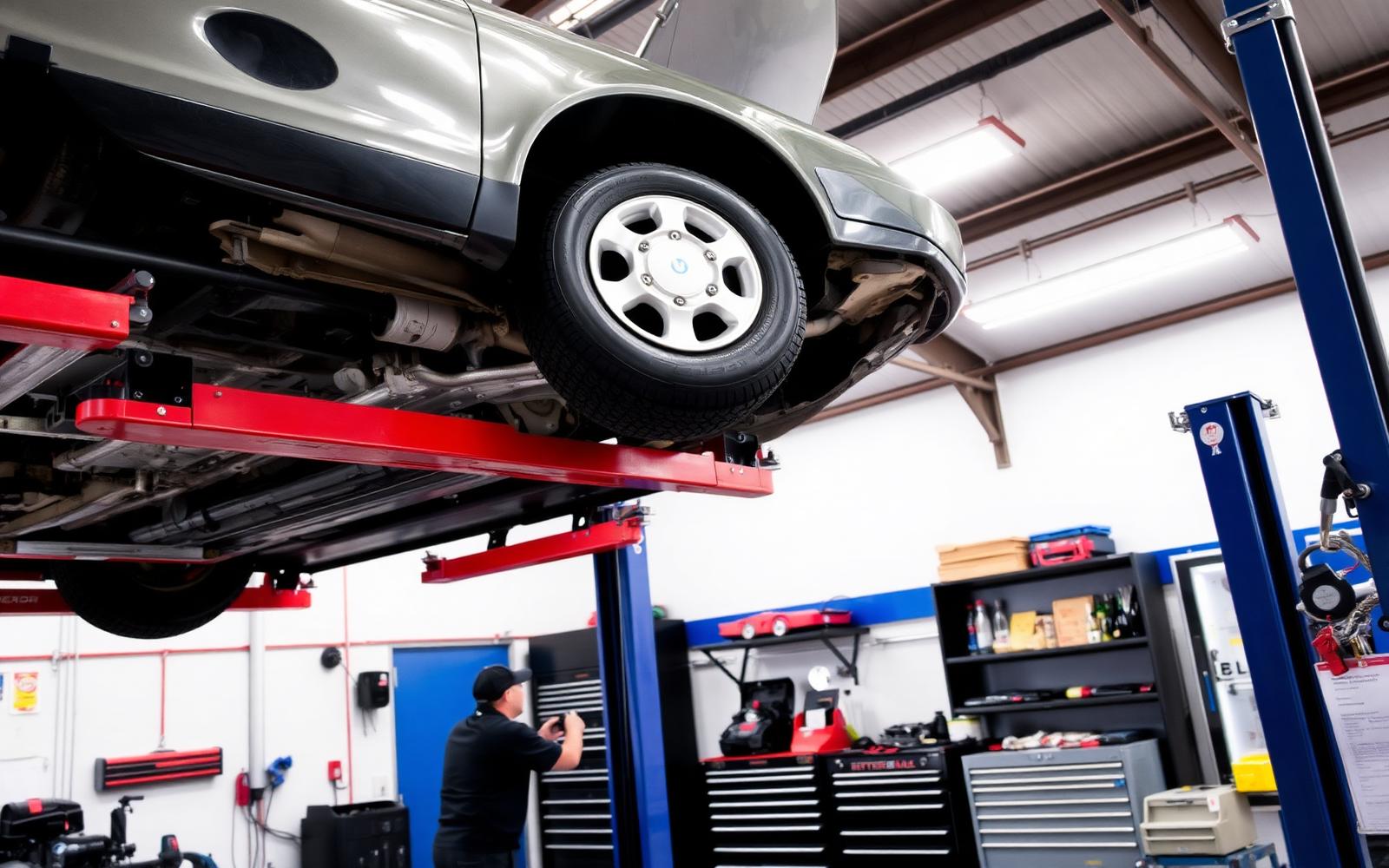 Car raised on a hydraulic lift inside the A-1 Automotive service bay