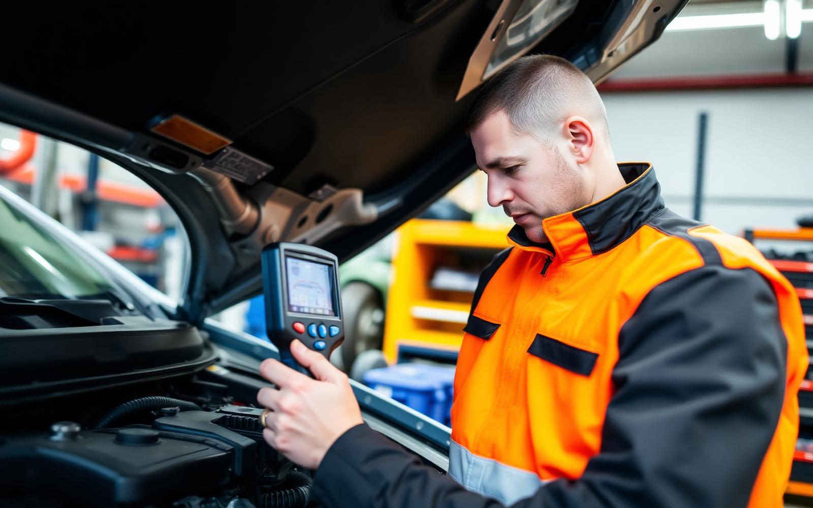 Technician running an engine diagnostic scan under the hood