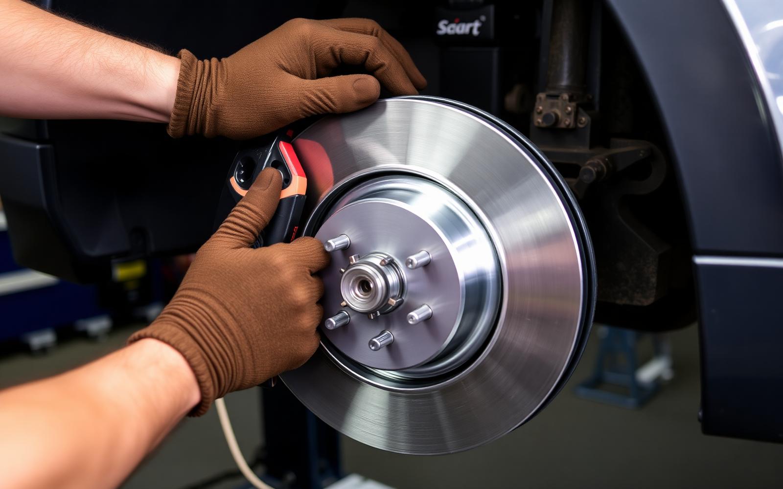 New brake rotor and pads being installed on a wheel hub